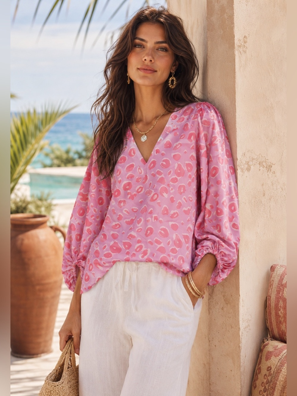 NWT Adrienne Animal Element Pink Leopard Print Puff Sleeve Blouse Size Small
